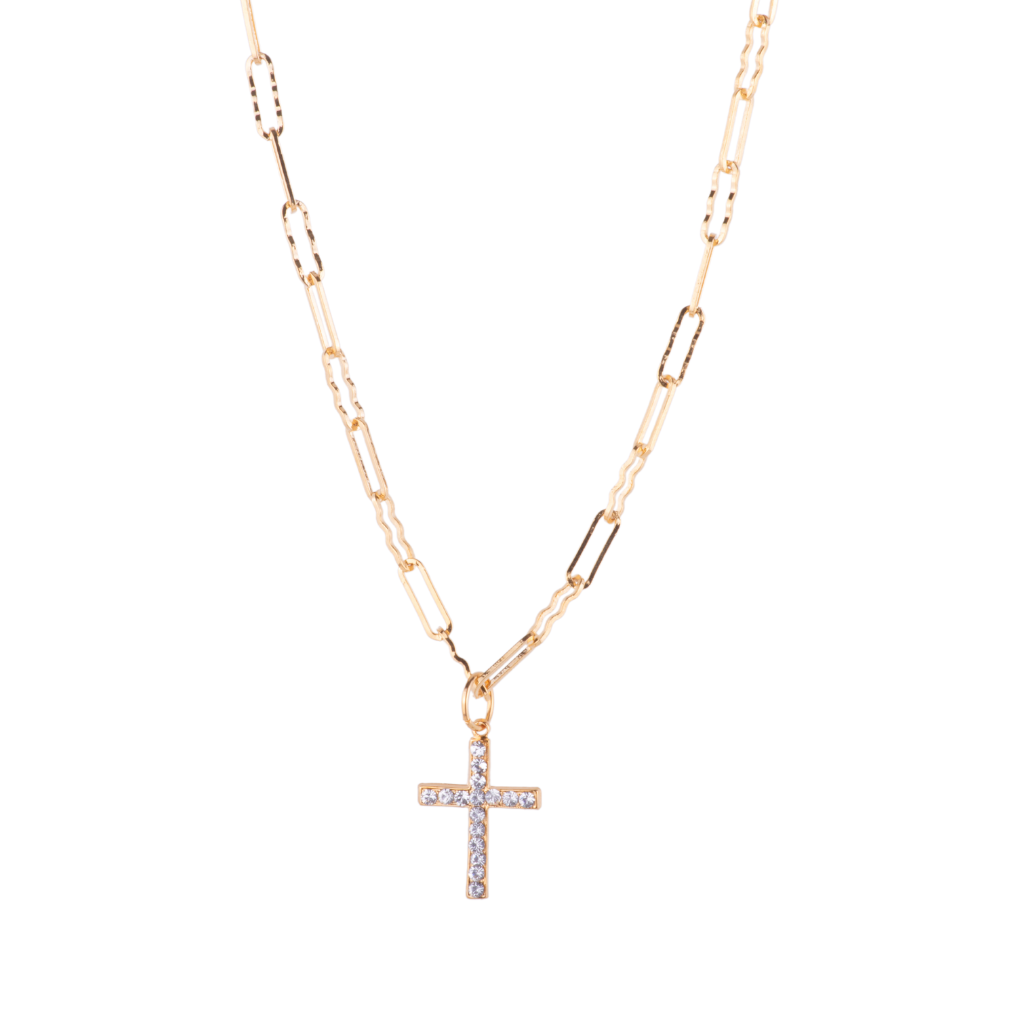 Petite Cross Pendant with Paper clip chain in "On a Clear Day"- Yellow Gold