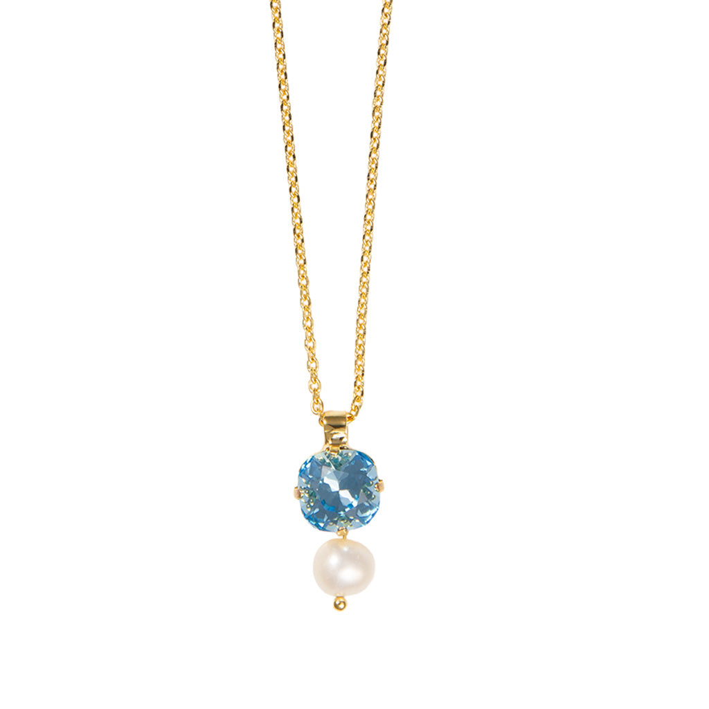 Small and Large Cushion Cut Pendant in "Aquamarine & Pearl" - Rhodium