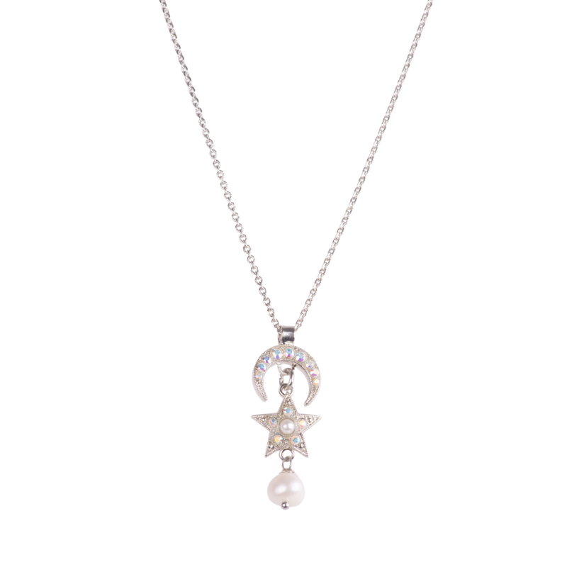 Petite Star and Moon Pendant in "Aurora Pearl" - Rhodium