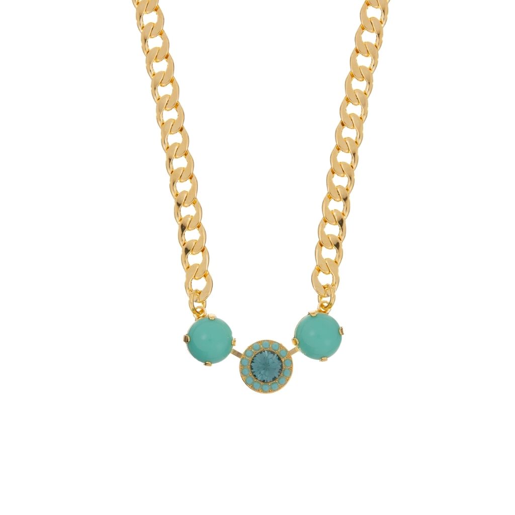 Three Stone Halo Pendant in "Crystal Blue" - Yellow Gold