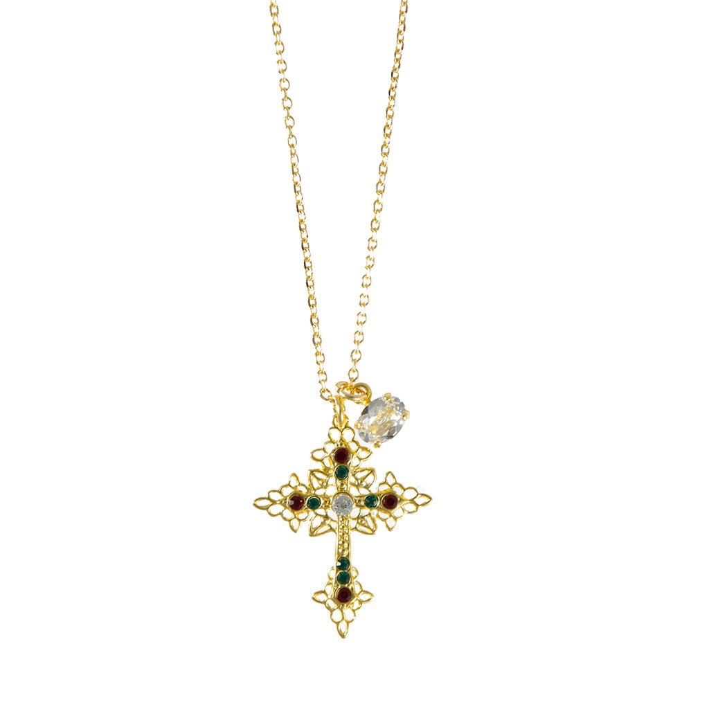 Lace Cross Pendant with Briolette in "Holly" - Yellow Gold