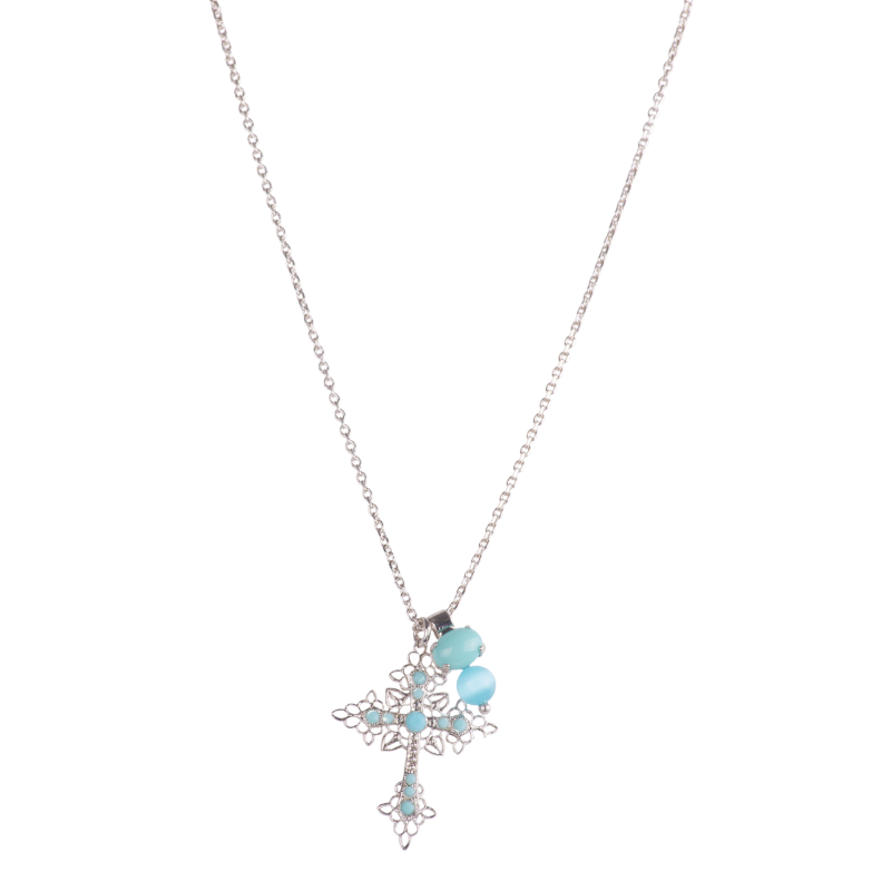 Lace Cross Pendant with Briolette in "Turquoise" - Rhodium