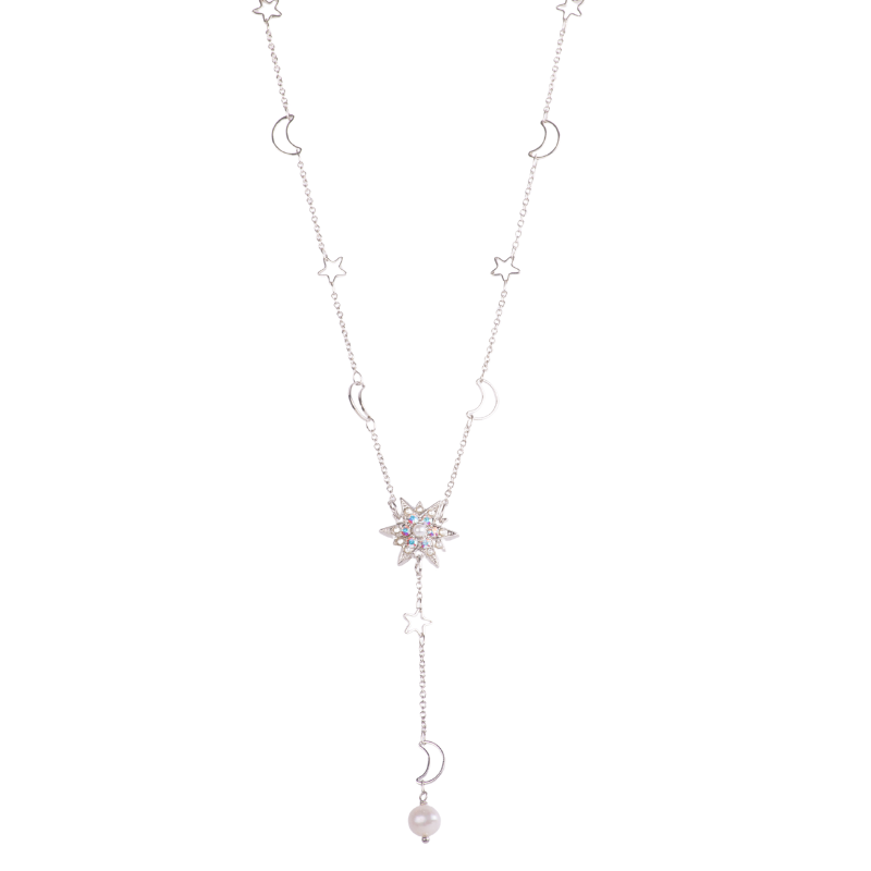Shining Star and Moon Drop Pendant in "Aurora Pearl" - Rhodium