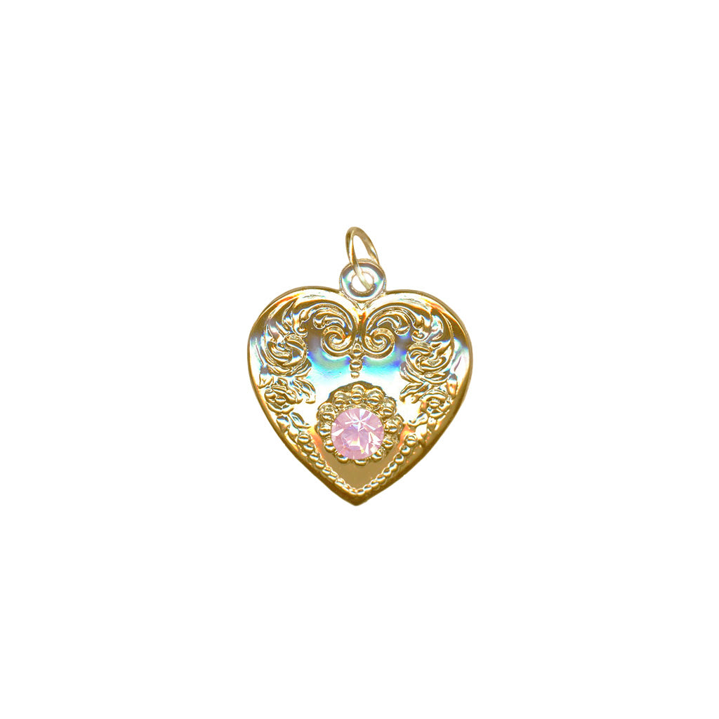 Decorated Heart Charm in "Rose Opal" - Yellow Gold