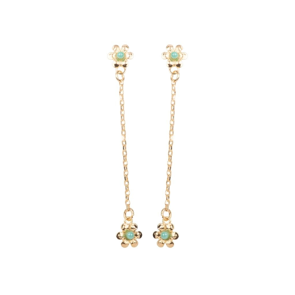 Long Flower Drop Earrings in "Teal Pearl" - Yellow Gold