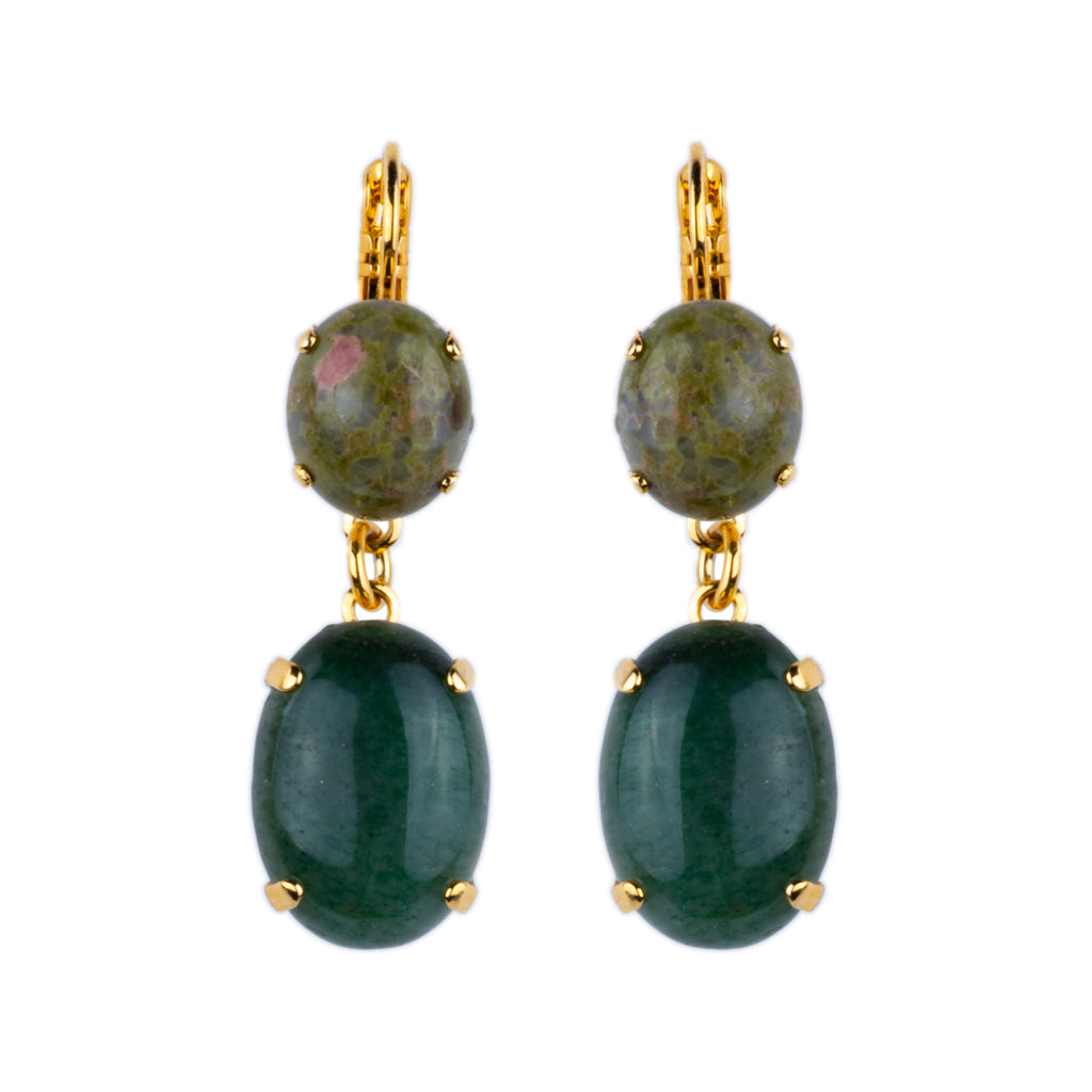 Medium Oval with Large Oval Dangle Leverback Earrings in "Deep Forest" - Yellow Gold