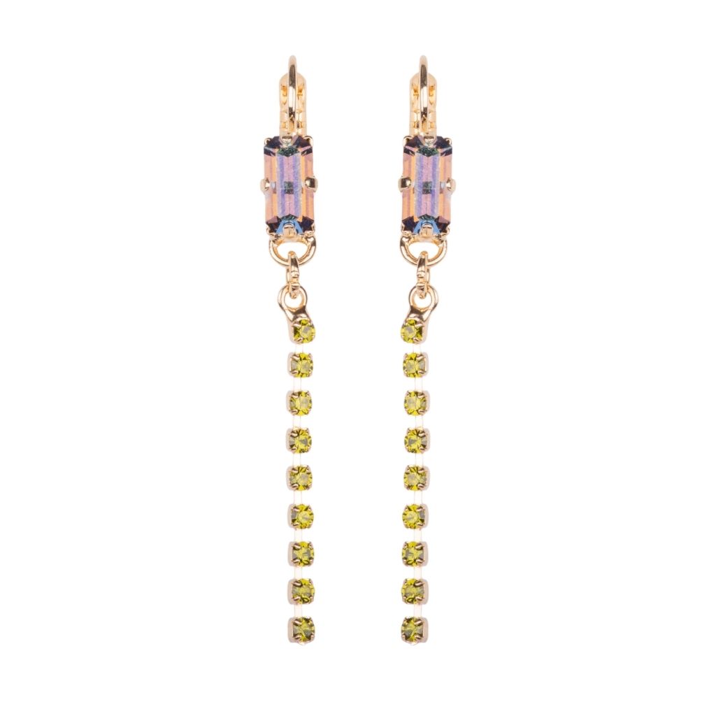 Petite Baguette Earrings with Dangle in "Olivine and Shining Amethyst" - Yellow Gold