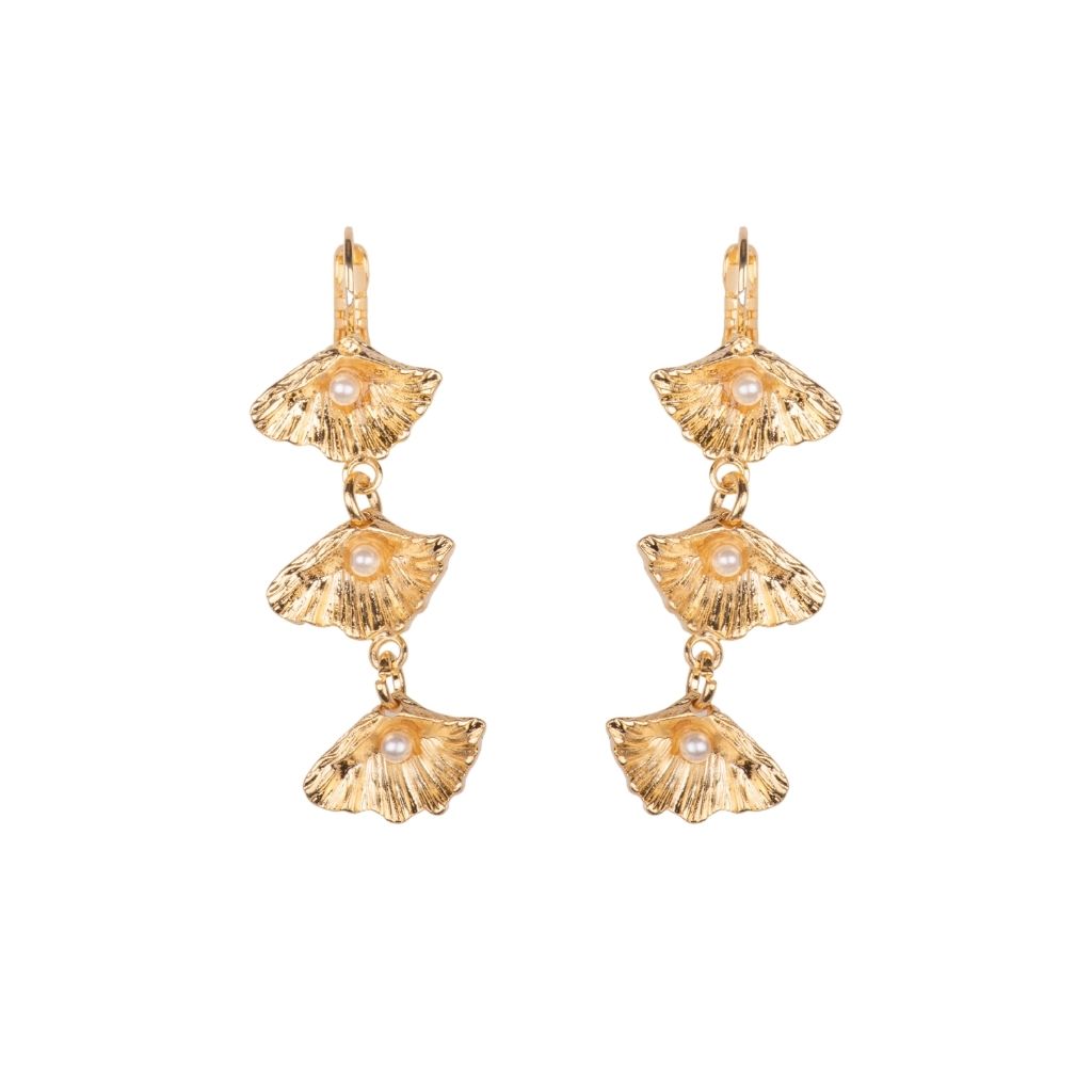 Triple Shell Drop Earrings in "Coated Pearl" - Yellow Gold