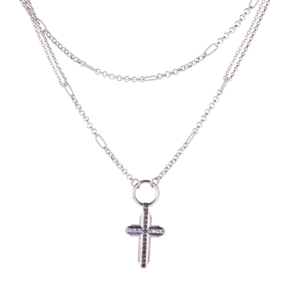 Double Chain Cross Necklace in "Obsidian Shores" - Rhodium