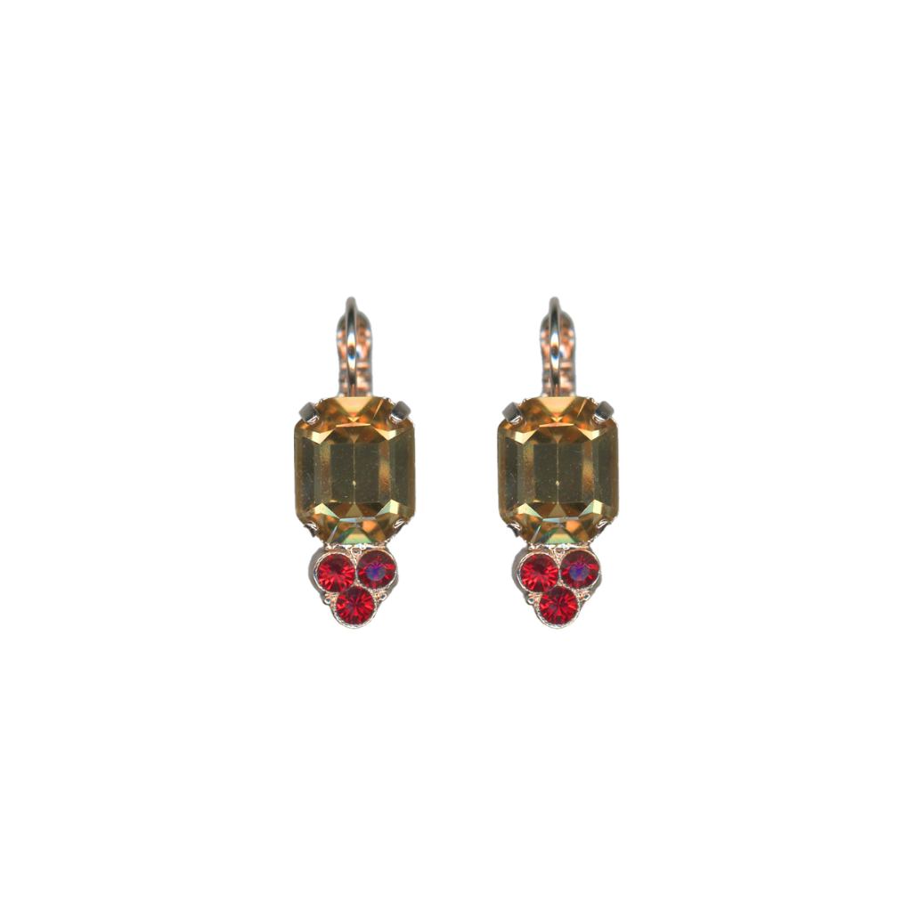 Large Emerald Cut and Trio Crystal Leverback Earrings in "Bonfire" - Rose Gold