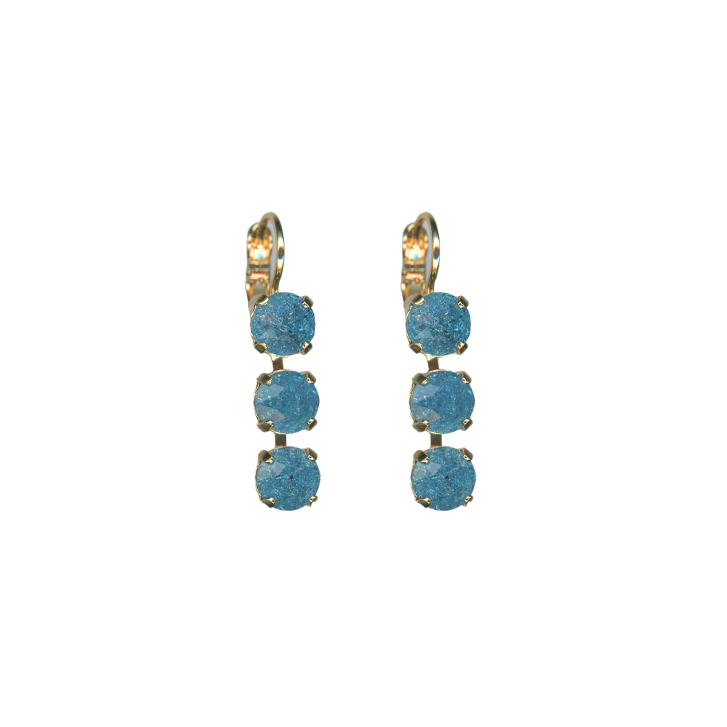 Medium Classic Three Stone Leverback Earrings in "Montana Blue ICE" - Yellow Gold