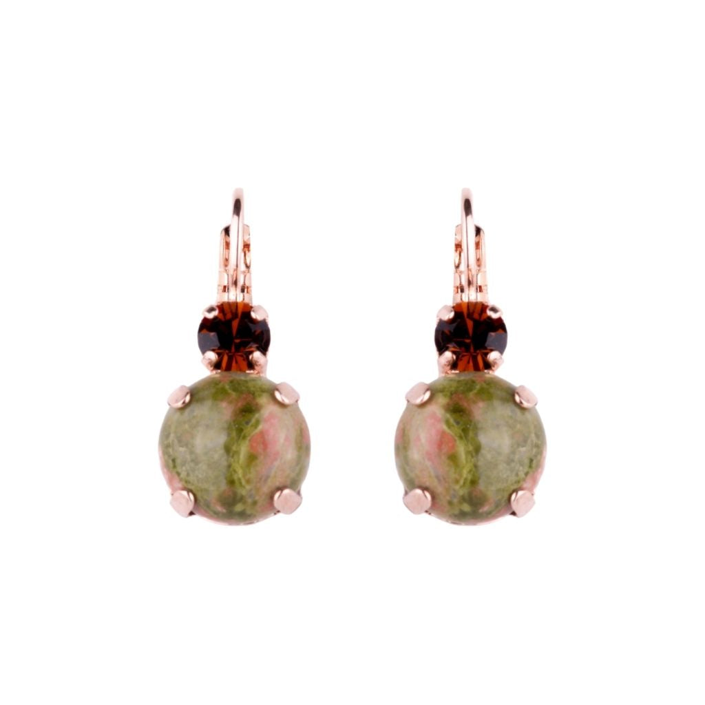 Large Double Stone Leverback Earrings in "Deep Forest" - Rose Gold