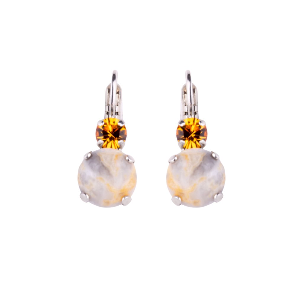 Large Double Stone Leverback Earrings "Topaz Agate" -Rhodium