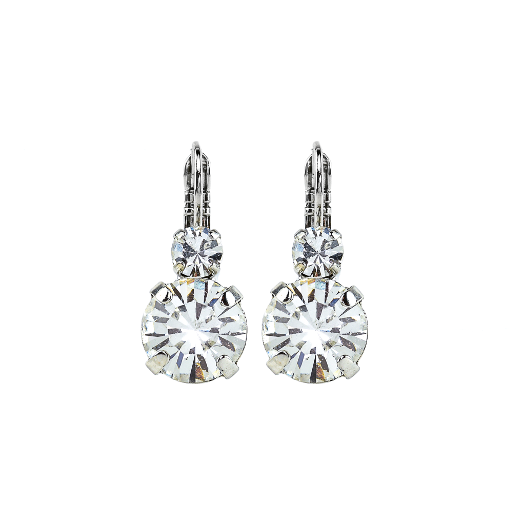 Large Double Stone Leverback Earrings in Clear - Rhodium