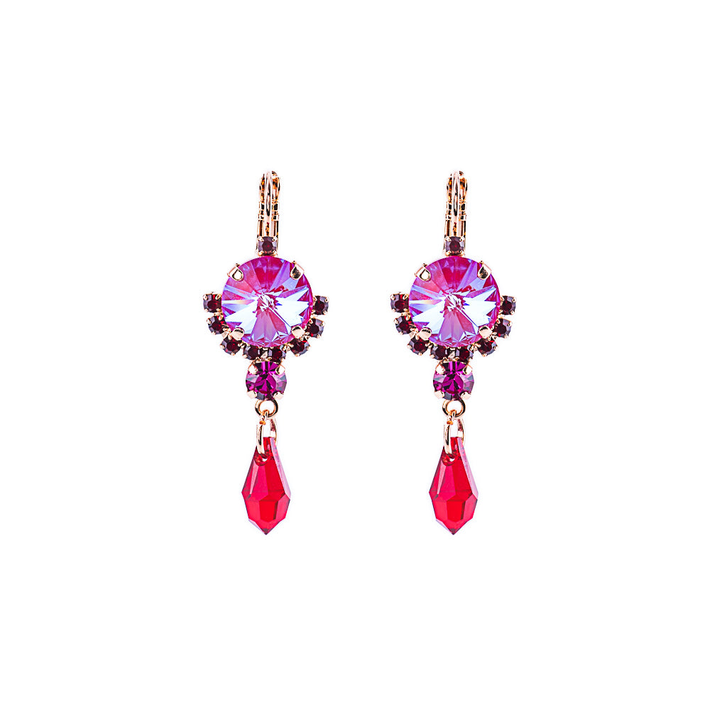 Rivoli Cluster Leverback Earrings with Briolette Dangle in "Hibiscus" *Preorder